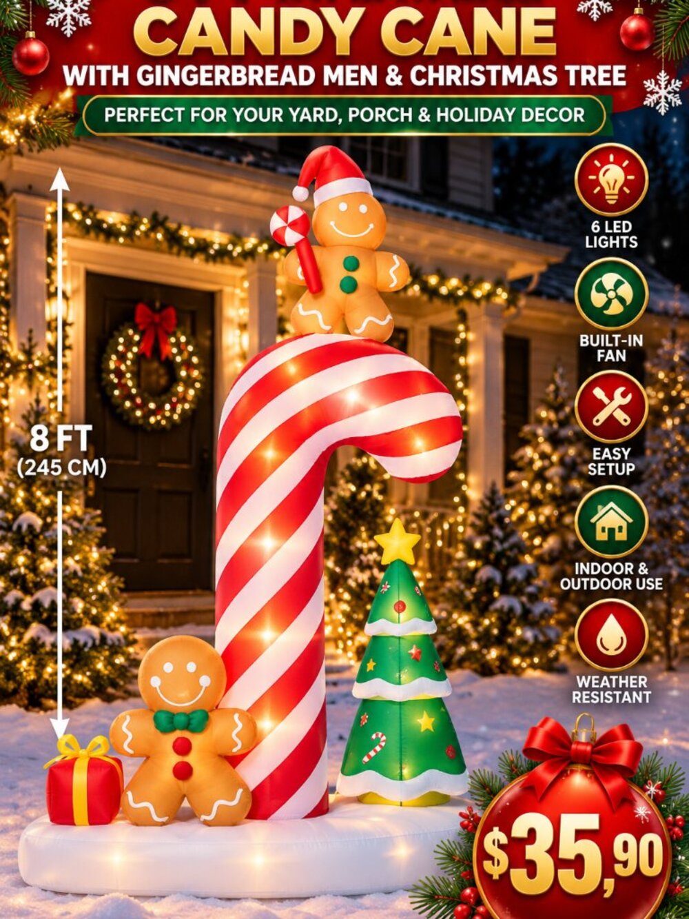 8FT Inflatable Candy Cane with Gingerbread Men & Christmas Tree